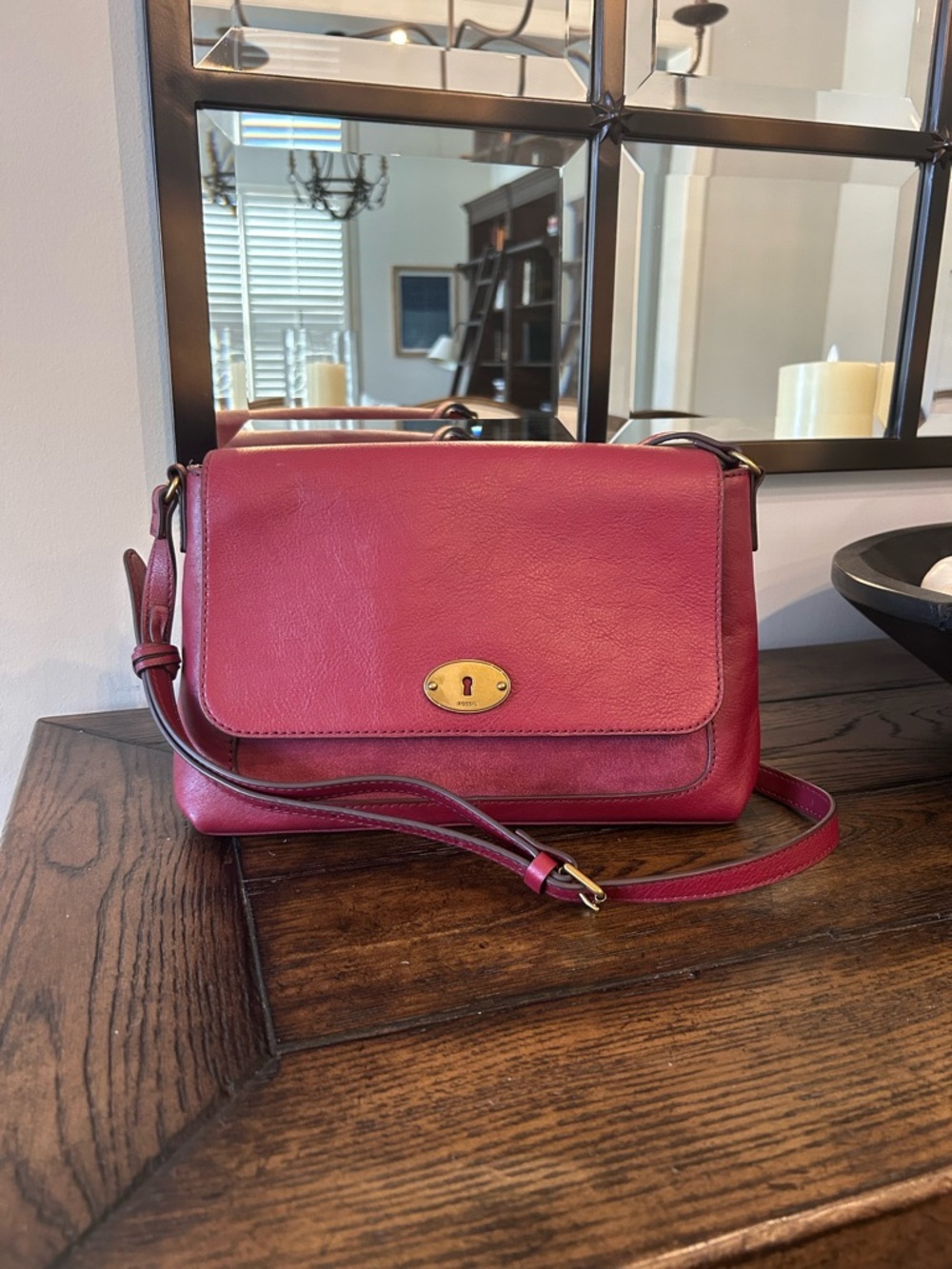 Fossil Gabriella Dark Red Leather and Suede Flap Crossbody